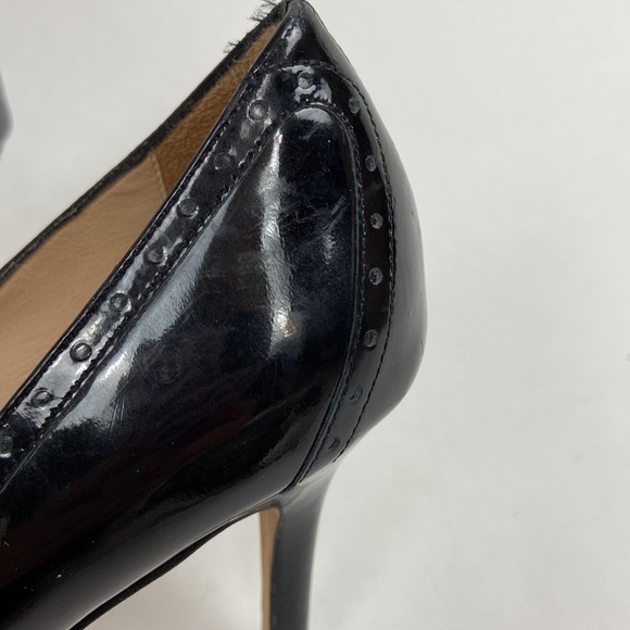 Kate Spade Giselle Oxford Patent Leather Peep Toe Perforated Trim Black Heels - Picture 5 of 16